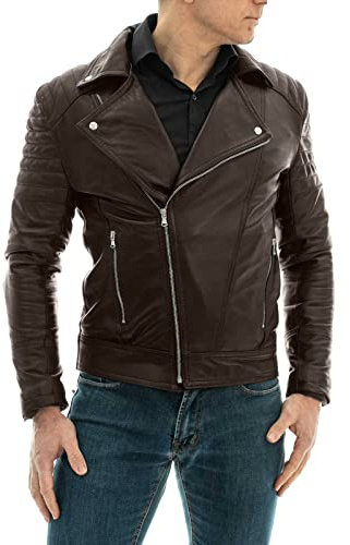 Chiodo Biker In Vera Pelle Marrone Uomo Slim Linee Spalle Braccia Rindway, XXL, Fodera (Primavera-Estate), Marrone Scuro