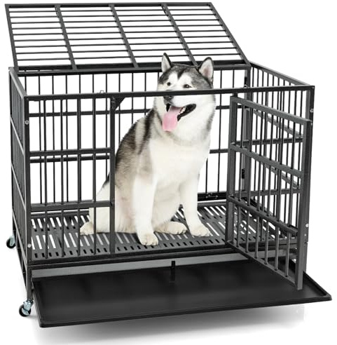 GYMAX Hundekäfig klappbar, Hundebox mit 2 Türen, Transportkäfig mit herausnehmbarer Bodenschale & Rädern, schwarz (120 x 76 x 90 cm)