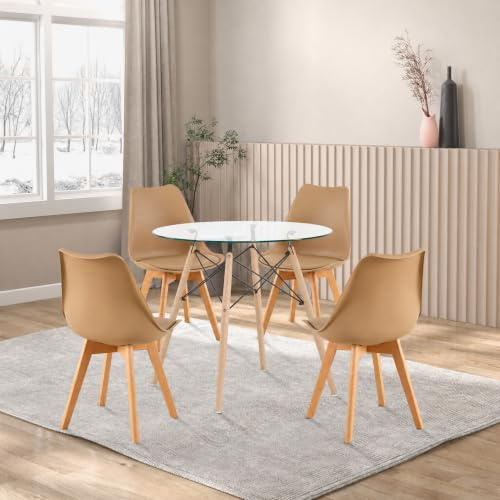 FURNITABLE Juego de mesa de comedor de cristal con 4 sillas, mesa redonda de cocina y 4 sillas de comedor para salón, cocina, oficina (mesa transparente + 4 sillas caqui)
