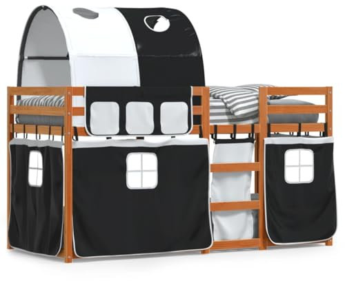 Juroupi Etagenbett mit Vorhängen Weiß & Schwarz 80x200 cm Kinder Etagenbett Kinderbett Doppelbett Kinderhochbetten Bett Kiefernholz - 3284012