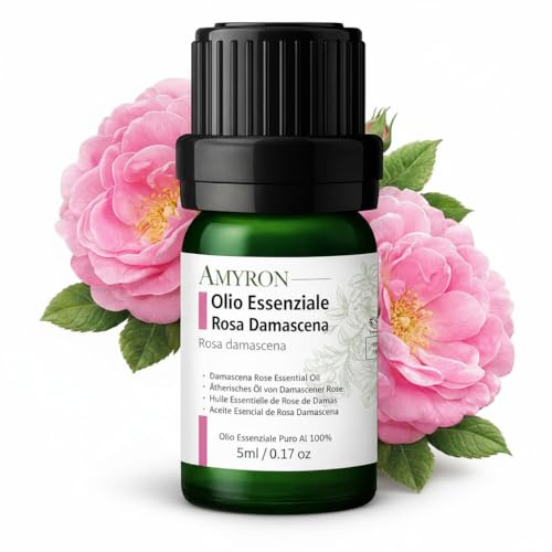 Huile Essentielle de Rose de Damas 100% Pure 5ml, Naturelle à 100% Idéale pour l’Aromathérapie et le Diffuseur d’Huiles Essentielles/Massages Aromatiques/Utilisation Topique/Alimentaire.