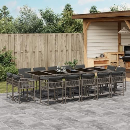 Homgoday Set da pranzo da giardino con cuscini 15 pezzi rattan sintetico grigio, sedia tavolo cucina esterno terrazza patio balcone mobili tipo 16