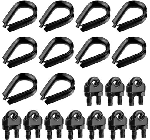 Antrader Drahtseilklemmen, 6 mm, 10 Stück und 10 Stück M6 Drahtseilkausche, 304 Edelstahl, Drahtseil-Zubehör-Set für 1/4 Zoll Drahtseil, Kauschen, Takelage, Schwarz