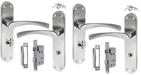 Polished Chrome Twist Bathroom Door Handle Set – Interior Latch Lever on Long Backplate – Available 1 or 2 Pairs, Optional Bathroom Sash Lock (2 Pair of Bathroom Handles + Bathroom SASH Lock)