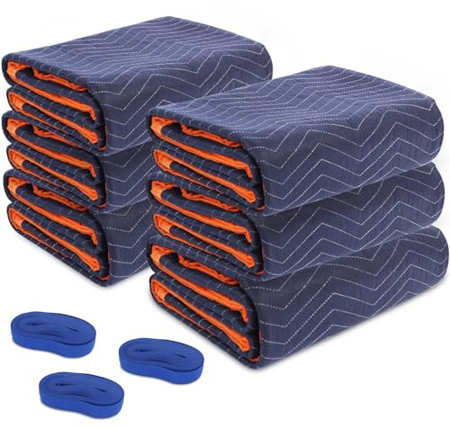 YMTLJHDSY 6 Moving Blankets 72x40in with 3 Elastic Rubber Band (196in Extendable to 400in) – Durable Quilted Moving Blanket-Heavy Duty Shipping Blankets (Total Weight 13.2 lbs,Black/Blue) | Sturdy Quilted Blanket with Reinforced Zigzag Stitching; Great for Moving, Packing, Shipping, Insulation & Furniture Wrapping
