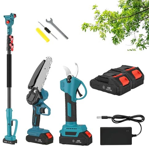 APMOE Tijeras de Podadora con Bateria Inalámbrica 3 en 1 Mini Motosierra Bateria con Pertiga Telescópica de 2m y Cargador Incluidos, Tesoura de Podar Electrica Sierra de Pértiga