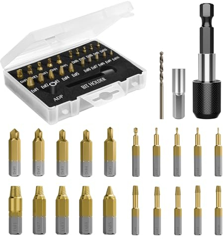 Nuovoware Kit d'Extracteur de Vis Cassé, 22 PCS Outils d'Extraction Améliorés en Acier Allié HSS 4341 avec Mèches 2 Porte-embouts d'Extension Magnétique Adaptateur de Prise pour Boulon Endommagé, Doré