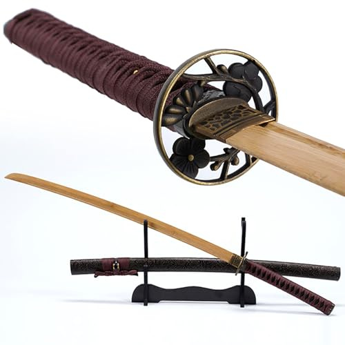 HJHUUA Katana en Bambou Naturel de 103 cm,Bokken Fait Main avec Fourreau en Bois gainé de Cuir,Sabre de samouraï en Bois pour Cadeau,Exposition,entraînement,Cosplay,Accessoires.