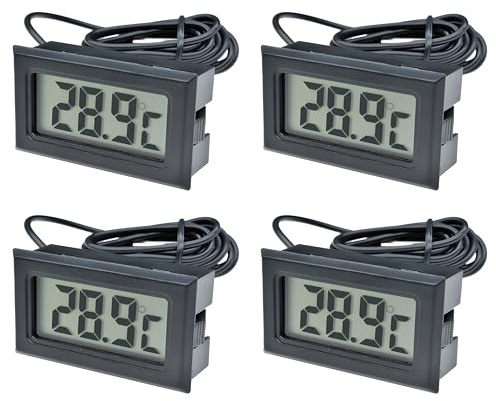 4 Pack Digital LCD Thermometer, Temperature Monitor with External Probe Fishtank Water Temperature Thermodetector Temperature Humidity Gauge Meter for Fridge Freezer Refrigerator Aquarium Black
