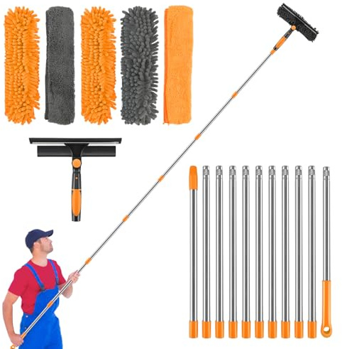 Clickinline Window Cleaning Equipment, 5m Window Squeegee, Telescopic Window Cleaner, With Squeegee Brush and Scrubber Tool, 11 Pcs Adjustable Pole for Indoor/Outdoor High Window, Wall, ​Car (Orange)