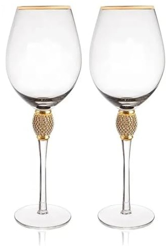 Nihcora Ensemble de Verres à Vin en Cristal Décoratif Élégant avec Cadre Doré, 2 Pièces, Flûtes à Champagne à Long Pied, Verres à Cocktail, Cadeau, 2 Pièces, Verres à Vin Rouge.