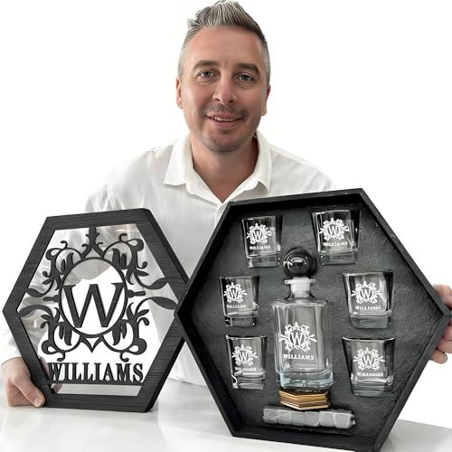CUSTNEY Personalized Whiskey Decanter Set for Men Hexagon Wooden Box With Name Initial Engraved Liquor Bourbon Decanter For Dad Husband Christmas Valentine Wedding (Hexagon1)