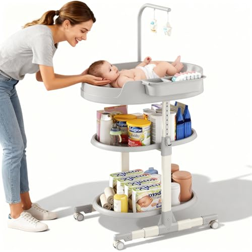 Wickeltisch, Wickelkommode für Baby, Höhenverstellbare Mobiler Baby Wickeltisch mit Stauraum, Tragbarer Wickelkombi mit Rollen und Wickelauflage für Neugeborene (Grau)