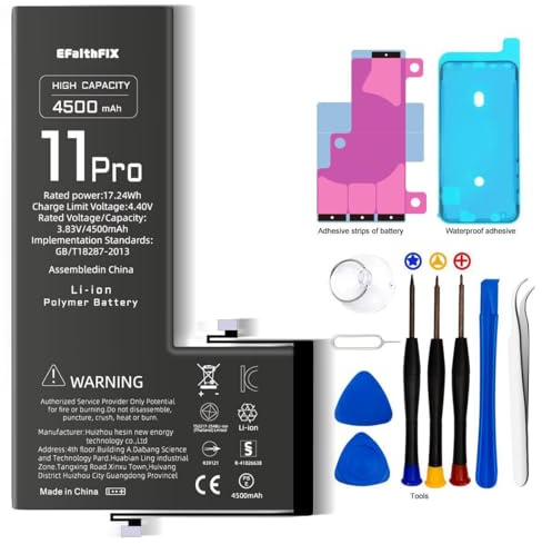 Batterie pour iPhone 11 Pro 4600mAh Batterie de Remplacement Haute capacité 0 Cycle avec Kits d'outils de réparation pour modèle A2160/A2217/A2215