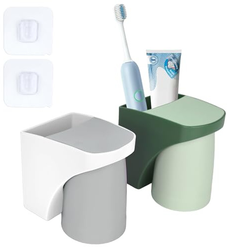 Junrvivy Zahnputzbecherhalter Ohne Bohren - 2 Stück Zahnputzbecher Wand Ohne Bohren, Zahnbecherhalter mit Magnetischem Becher, Zahnbürstenhalter zum Kleben Zahnputzbecher Set Kunststoff für Familie