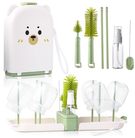 Baby Bottle Brushes for Cleaning Baby Bottle Cleaner Brush Travel Steriliser for Baby Travel Essentials with Silicone Bottle/Nipple/Straw Brush Soap Dispenser Drying Rack (Green)