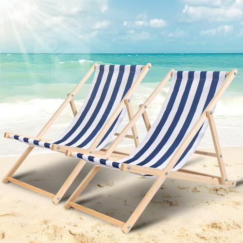 Jaxguom 2er Set Liegestuhl klappbar Holz, Strandstuhl bis 150 kg, Sonnenliege, Strapazierfähiger Klapp-, Holzliegestuhl & RelaxLiege für Garten, Strand, Camping(blau und weiß gestreift)