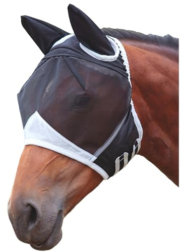 Maschera per mosche a cavallo, colore nero, con protezione UV, grande maschera per cavalli, con orecchie, chiusura in e rete traspirante, per sangue caldo, protezione UV e insetti (90 x 47 x 28 cm)