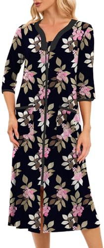Verve Jelly Women's Zipper Robes 3/4 Sleeve Floral Print Bathrobe Lightweight Housecoats with Pockets Ladies Loungewear