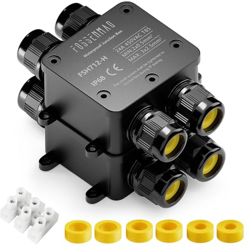 FOSSENMAO IP68 Waterproof Junction Box, 4-Way Cable Connection Box, Outdoor Cable Protection Box, Aging-resistant Integrated PA9 Wire Distribution Box (2, Black)