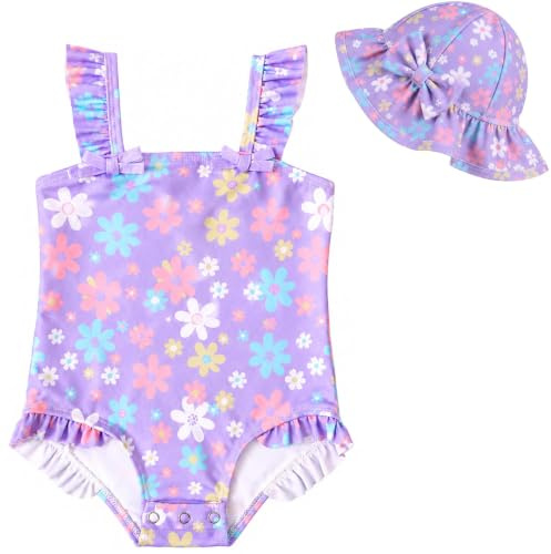 Bañador Bebé Protección Solar UPF 50+, 0-3 Añosraje De Baño Una Pieza para Niña con Gorro, Tejido Elástico Estampado Fresa & Flores, Playa y Piscina Verano -Green Sunflower-2-3Y