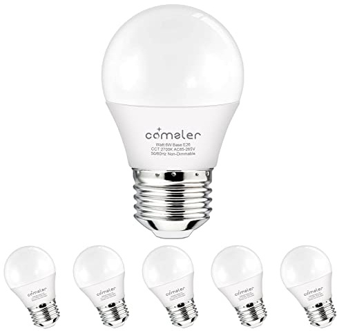 comzler Small Light Bulb 6 Watts Warm White Light 2700K, 60 Watts Globe Light Bulb Equivalent, E26 Standard Screw Base A15/G45 Shape LED Appliance Bulb Refrigerator 6-Pack