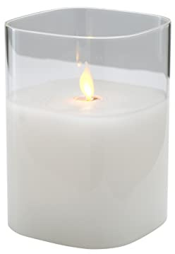Klocke Dekorationsbedarf Hochwertige & Eckige LED Kerze im Glas Windlicht - Flammenlose & Flackernde Echtwachskerze (Weiß, Höhe:12,50cm)