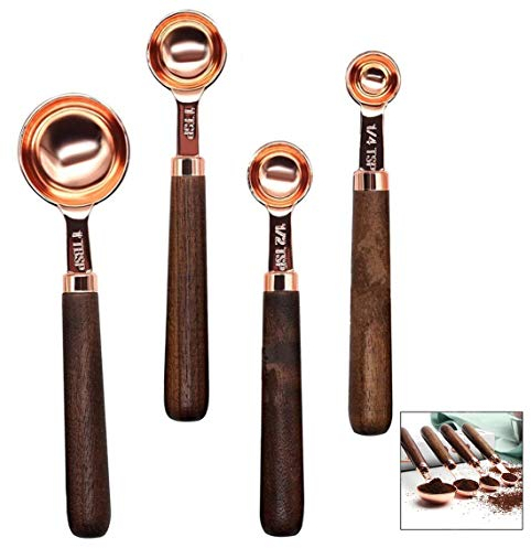 iwobi 4-Piece Stainless Steel Measuring Spoon Set with Walnut Handle, Copper Plated Spoons for Baking Cooking, Brown
