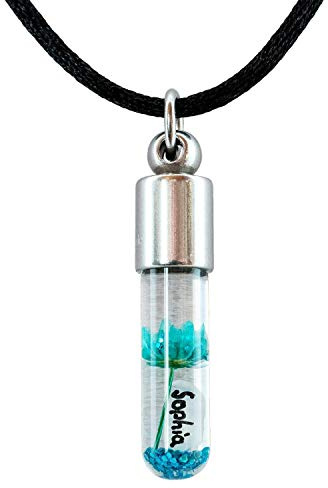 123Reis, personalisierte Reiskornkette, Edelstahlvariante, Namenskette, personalisiertes Geschenk für Frauen und Kinder, handgemacht, Halskette mit Namen, mit Blume und Glitzer, Glücksbringer