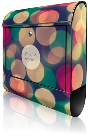 banjado Design Briefkasten personalisiert 38,5x46,5x13cm & 2 Schlüssel - Briefkasten Stahl Schwarz Zeitungsfach pulverbeschichtet - Postkasten A4 Einwurf inkl. Montagematerial - Motiv Lichtpunkte Weiß