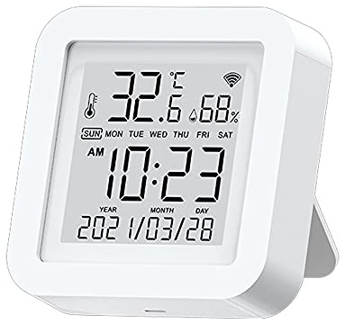 Weytoll WIFI Termohigrometro Higrotermometro Digital,Sensor con LCD Pantalla Termometro Higrómetro con Calendario Interior compatible con Alexa