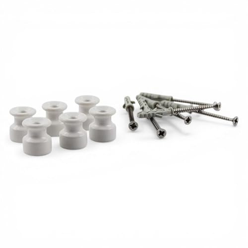 Klartext ISOLATORI BELLE ÉPOQUE Vintage in Porcellana Bianca Lucida Ø18mm – Set 6 Pezzi per CAVI TESSILI TRECCIATI – Supporti per IMPIANTO ELETTRICO A VISTA Stile Retrò