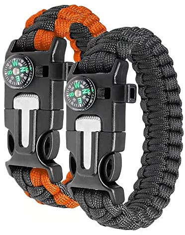 Survival Armband Feuerstein & Stahl Feuerstarter Pfeife Kompass Einstellbare Bandgröße für Camping Bushcraft Notfall-Kit