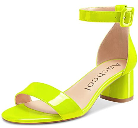 Aachcol Donna Cinturino alla Caviglia Sandali Chunky Blocco Medio Basso Tacco Heel Aperte sulla Punta Dress Scarpe Clear Cute 5 CM Verde Lime Verniciata 40 EU