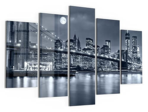 DEQORI Glasbilder Echtglas | Motiv Vollmond über New York | horizontal 5-teilig 150x100 cm | große XXL Deko | Wandbilder für Wohnzimmer, Schlafzimmer, Flur & Küche | moderne Wanddeko