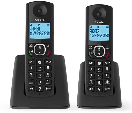 ALCATEL F530 Duo – Schnurloses DECT-Telefon-Set – Großes beleuchtetes Display – Freisprechfunktion – Anrufsperrfunktion – 2 Direktwahltasten – 2 Mobilteile – Schwarz