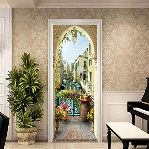 Adesivi Artistici Per Porte 3D Per Porte Interne Per Bambini Scenario Fluviale Della Città Decalcomanie Per Porte Autoadesive Murali Per Poster Rimovibili Impermeabili Carta Da Parati Camera Da Letto