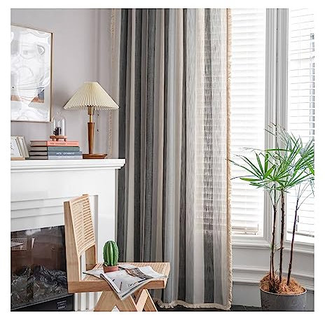 Mesnt Vorhänge Abdunkelnd, Verdunkelungsvorhang Tricolor Streifenmuster mit Quaste für Schlafzimmer, Wohnzimmer aus Baumwolle, Grau-Haken, 132x214CM-2 STÜCK