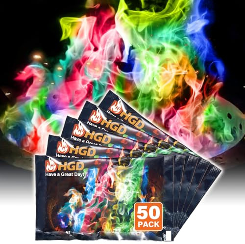 HGD Confezione da 50 pacchetti di fiamme che cambiano colore per braciere, caminetti interni/esterni, falò, falò, fiamme magiche arcobaleno mistiche, accessori da campeggio per intrattenimento in
