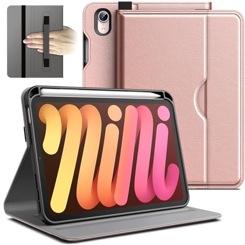 JETech Hülle für iPad mini (A17 Pro, 2024 Modell, 7. Generation) / mini 6 (Modell 2021, 6. Generation), PU Leder Folio Schützende Tablet Cover Schutzhülle mit Stifthalter (Roségold)