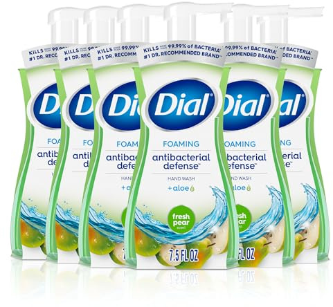 Dial Antibacterial Defense Foaming Hand Soap + Aloe, Fresh Pear Scent, 7.5 Fl Oz (Pack of 6), Dermatologist-Tested Hand Wash, Gentle on Skin