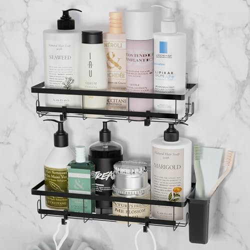 Radikor Estanteria Baño sin Taladro, 2 Piezas Estanteria Ducha Acero Inoxidable, Organizador Baño, Accesorios Baño, repisa baño adhesiva con 1 Soporte Pasta de Dientes, 12 Gancho y 3 Adhesivos, Negro