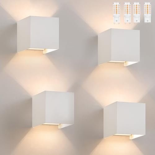 Homefire Wandlampe LED Wandleuchte Innen/Aussen 4er G9 Aussenlampe 3000K | Warmweiß Außenwandleuchten IP65 Weiß Up Down Treppenbeleuchtung Aussenleuchten für Hauswand Schlafzimmer Flur Treppenhaus