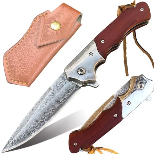 BFYLIN Damast Taschenmesser Klappmesser, Scharf Einhandmesser mit Damaststahl Klinge, Holzgriff Liner Lock Flipper Messerscheide Leder Lederscheide -Damastmesser für Camping Survival Messer (Damast-2)