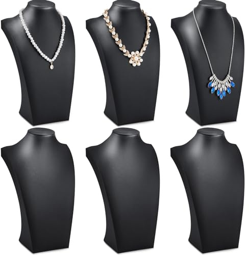 Kigley 6 Pcs Black PU Leather Jewelry Bust Display Necklace Holder Stand Necklace Mannequin Holder for Jewelry Display Trade Show(11.42 x 3.94 x 6.89 Inches)
