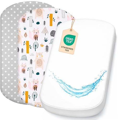 Lovely Hippo 2X Spannbettlaken 100% Baumwolle + 1X Matratzenschoner 100% wasserdichtem Material - Set 3X - Kompatibel Chicco, Kinderkraft (Waldtiere, 60 x 80 cm)