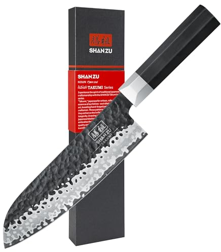 SHAN ZU Santoku Messer 19cm, Japanischer 10Cr15MoV Kohlenstoffreicher Edelstahl, 7-Schicht Handgeschmiedetes Küchenmesser, Ultra-sSharfe Klinge, Ergonomischer Achteckiger G10 Griff