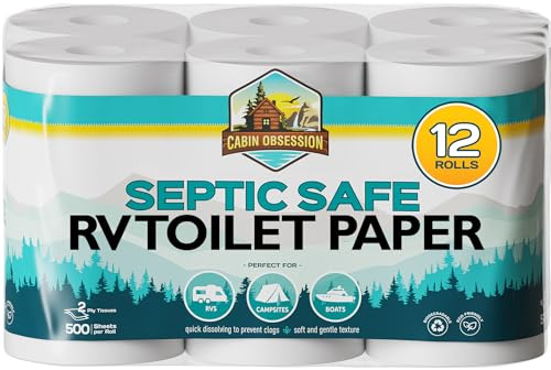 RV Toilet Paper - 12 Pack Septic Safe Toilet Paper 2-Ply Quick Dissolving Camper Tissue Paper Septic Safe to Prevent Clogs - Perfect for Automotive RVs, Septic Tank Systems, Boats, and Camping