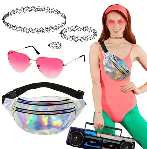 BOFUNX 90er Jahre Outfit Damen Metallic Bauchtasche Malle Hut Rave Fächer Glitzersteine Gesicht Brillen Party Accessoires Hippie Neon Mallorca Festival
