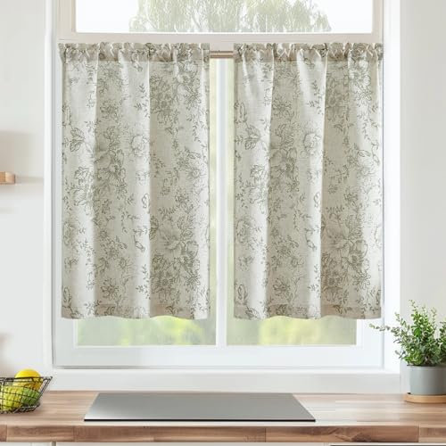 Vangao Scheibengardinen Modern Küche Vorhang Kurz Blumen Vintage Leinenoptik Bistrogardine 2er Set 65Bx60Hcm Landhausstil Wohnwagen Vorhänge Grün und Beige Wohnzimmer Küchengardinen Lichtdurchlässig